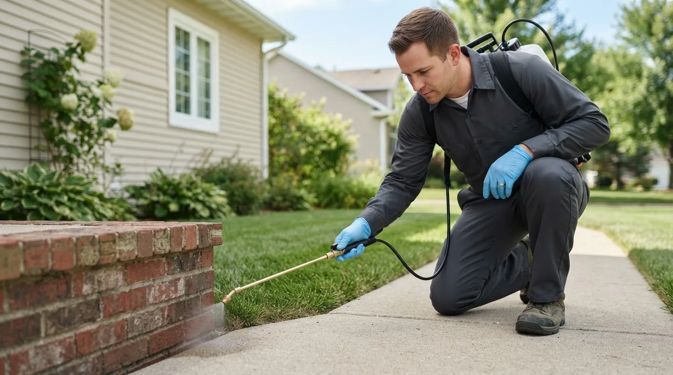 Pest control technician treating a home near Nederland, TX